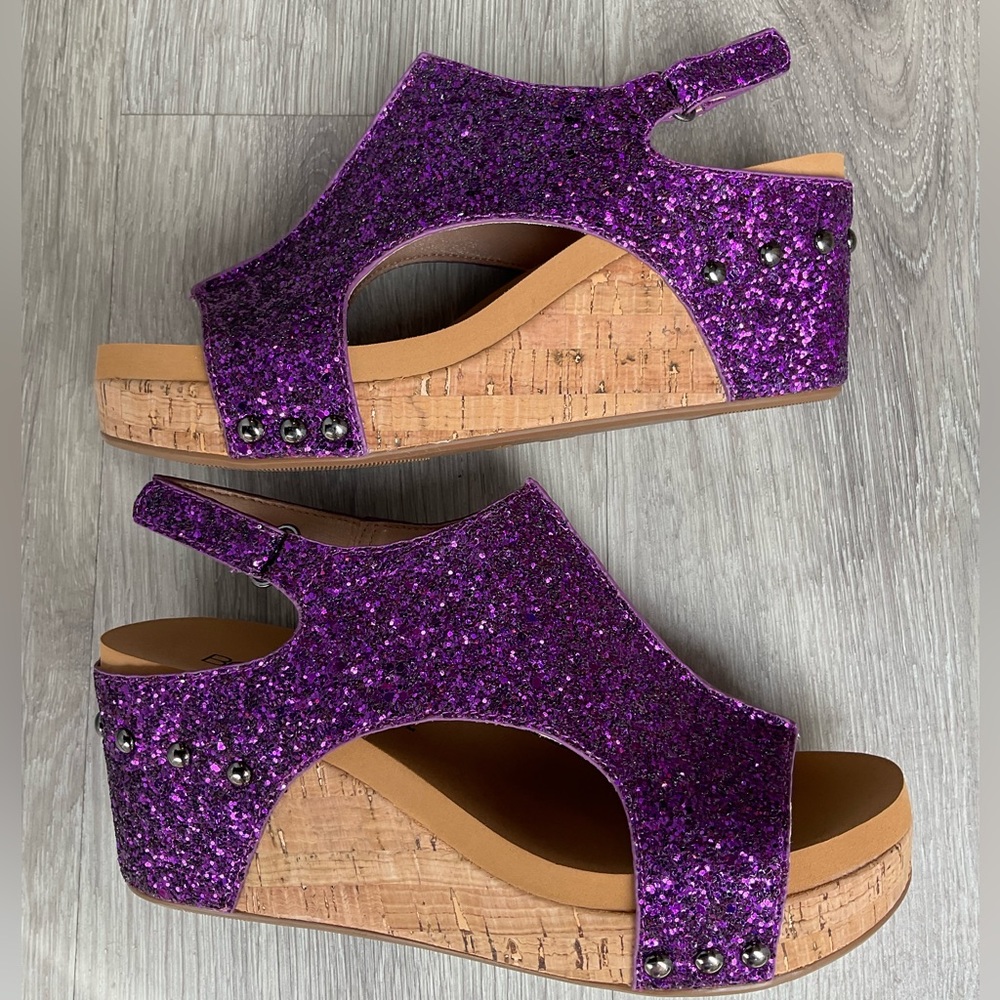 Purple chunky glitter cork wedge sandal. Corkys boutique TTS Velcro closure